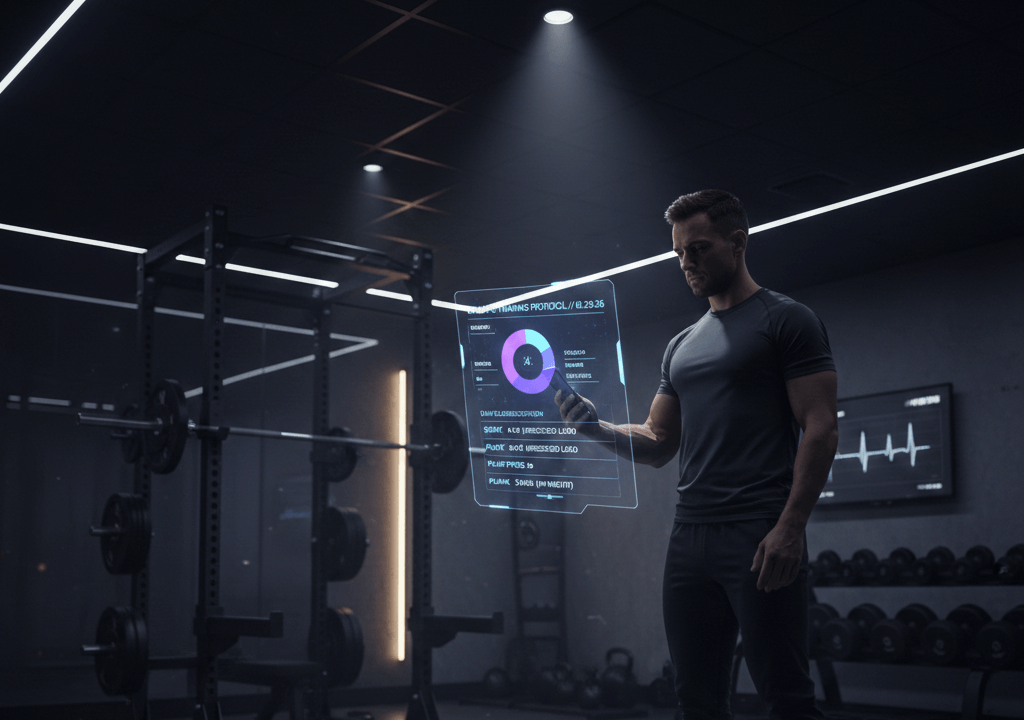 A person using a smartphone to view an AI-generated workout plan in a home gym setting