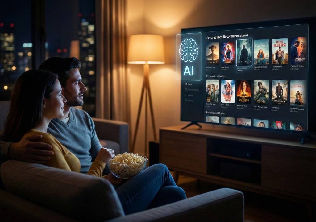 Cozy movie night setup with AI movie picker suggesting films on screen
