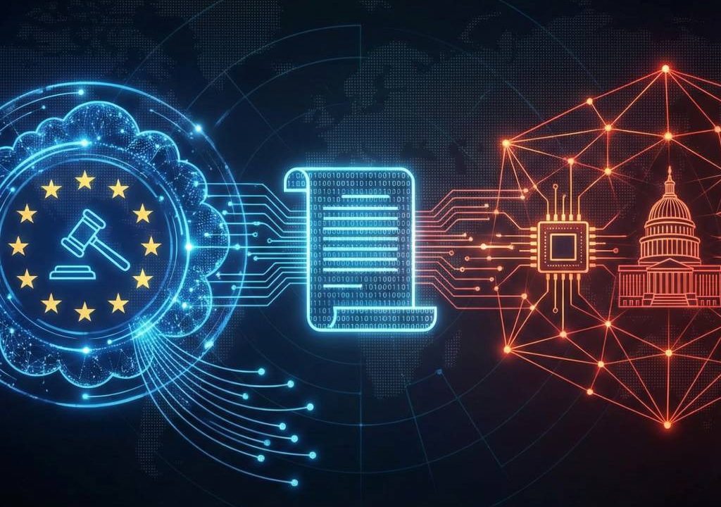 Comparison infographic of AI regulation Europe vs USA in 2026 showing EU AI Act and US executive order