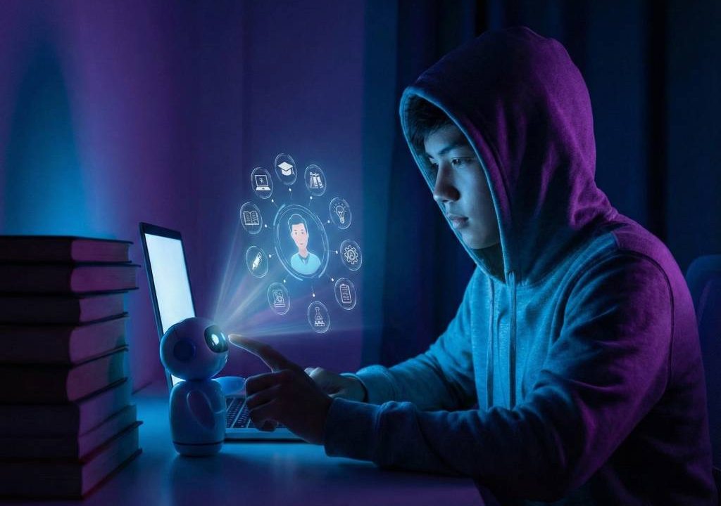 Student interacting with AI tutor bot on laptop for personalized math lesson