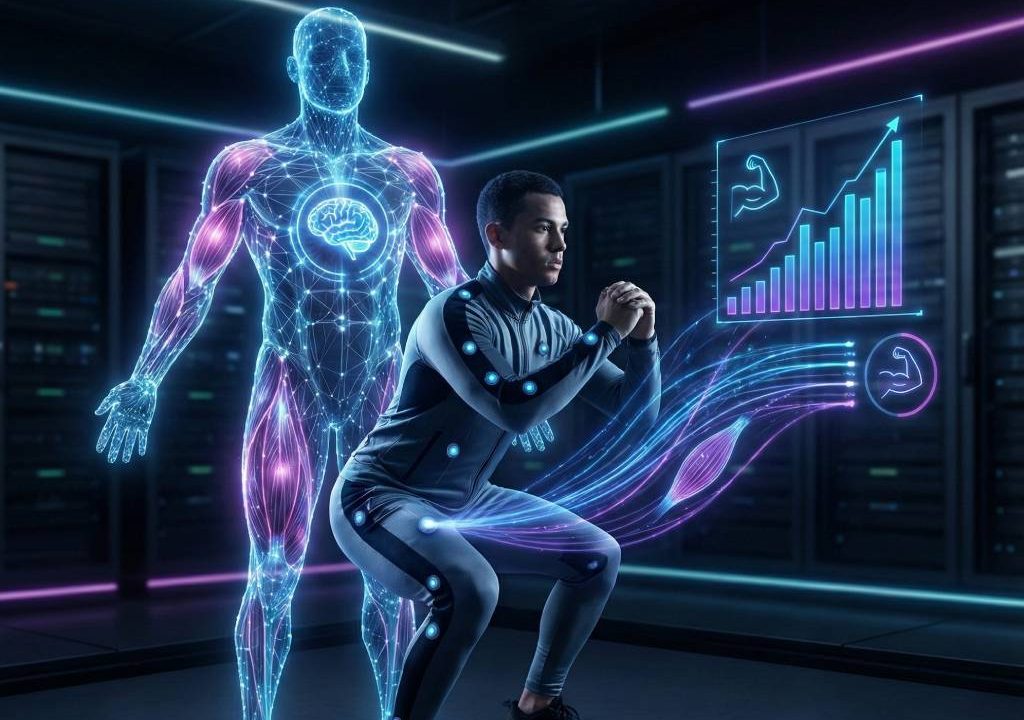 AI-driven fitness tracking app showing muscle gain progress dashboard