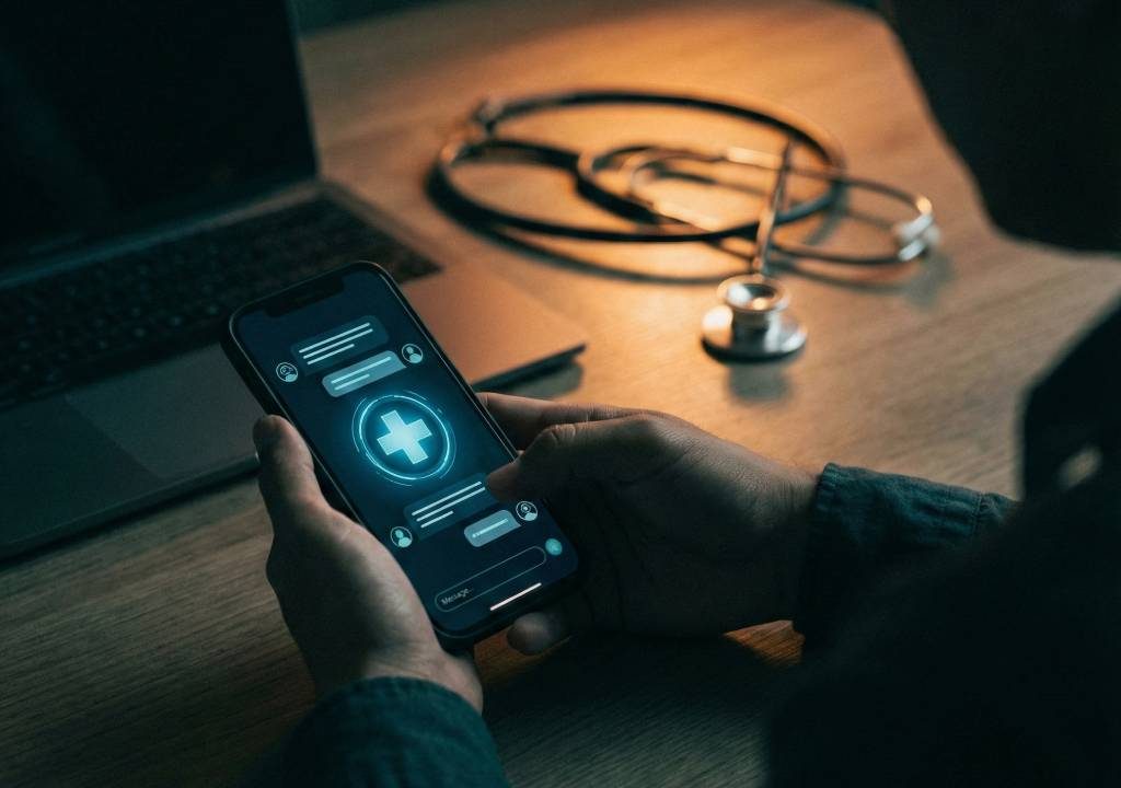 Person using AI for symptom checking on mobile app with health insights