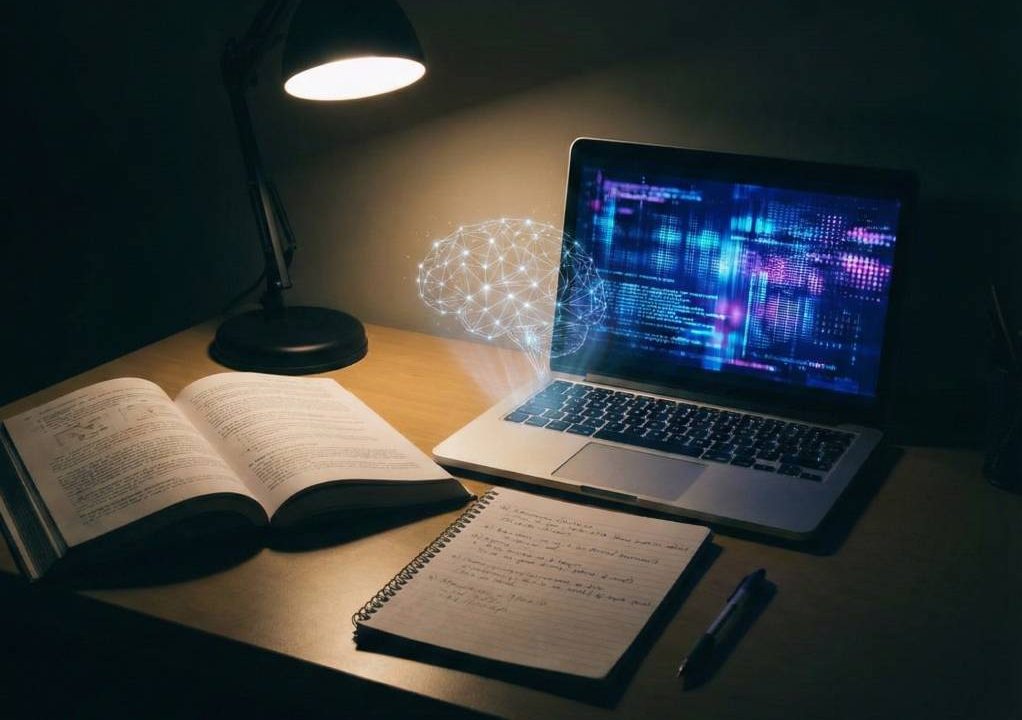 Student using AI tool ethically on laptop for academic essay writing