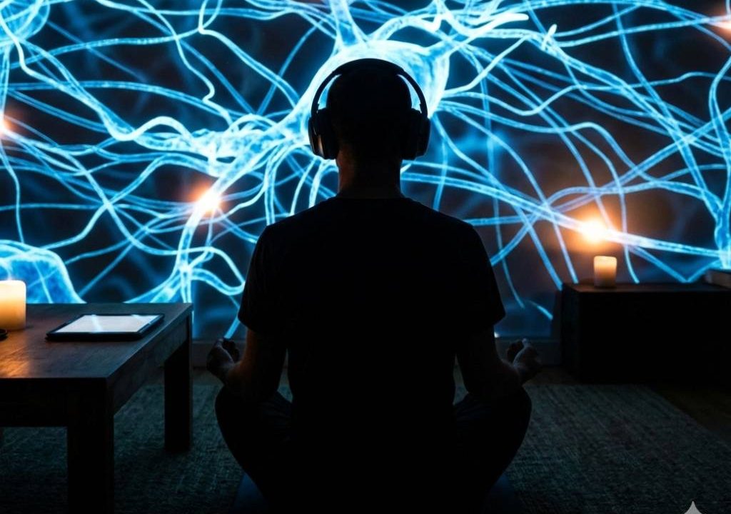 Person meditating with AI-generated guided session playing on phone