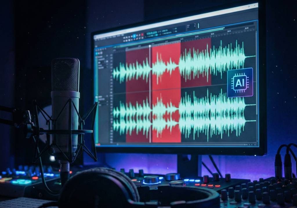 Before and after waveform of podcast audio with noise reduction applied