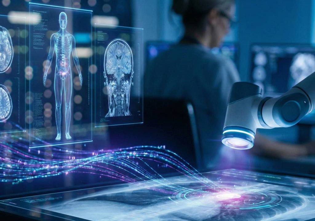 AI analyzing medical scan for early cancer detection in radiology