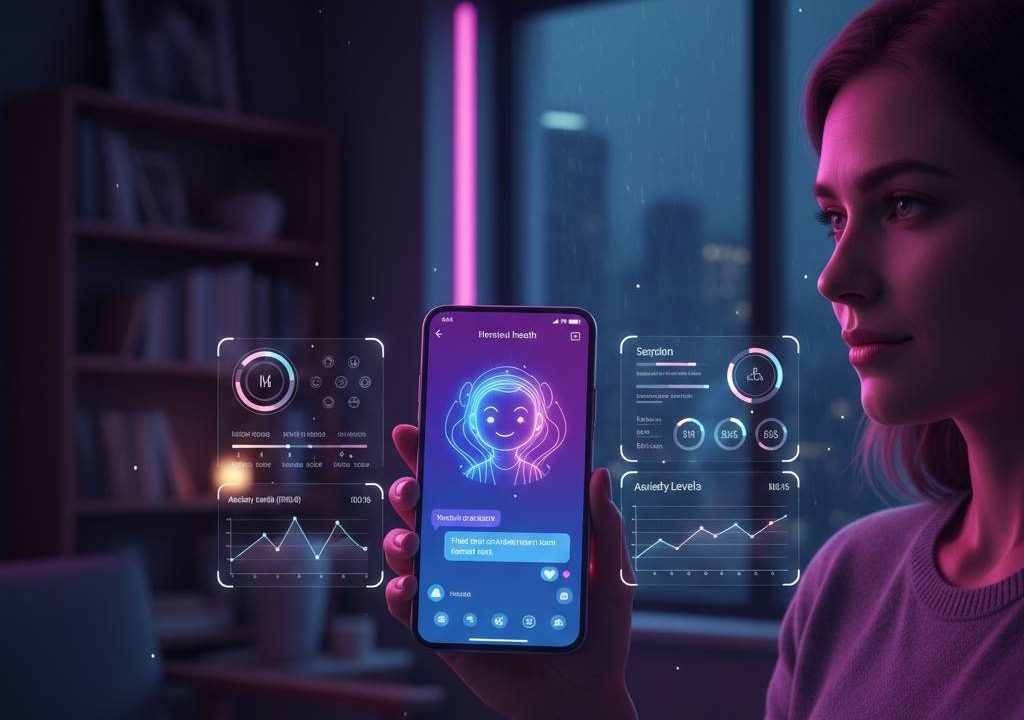 Person using AI therapy chatbot app on phone for mental health support
