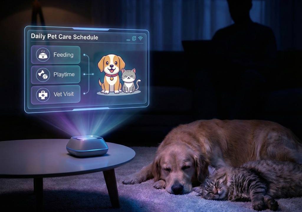 Happy dog and cat with owner using AI pet care schedulers on phone