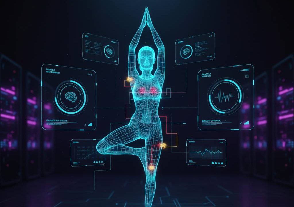 Person in low lunge pose with AI yoga app overlay showing personalized flexibility routine