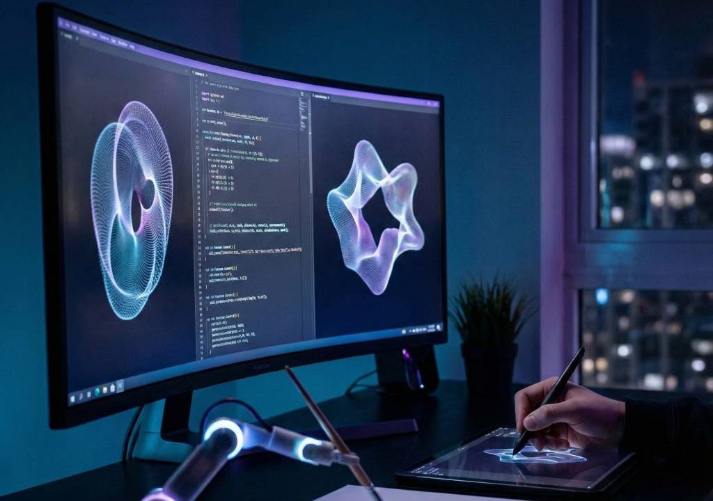 Split-screen comparison: human graphic designer vs AI-generated artwork 2026