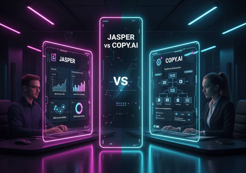 Side-by-side comparison dashboard of Jasper vs Copy.ai for bloggers