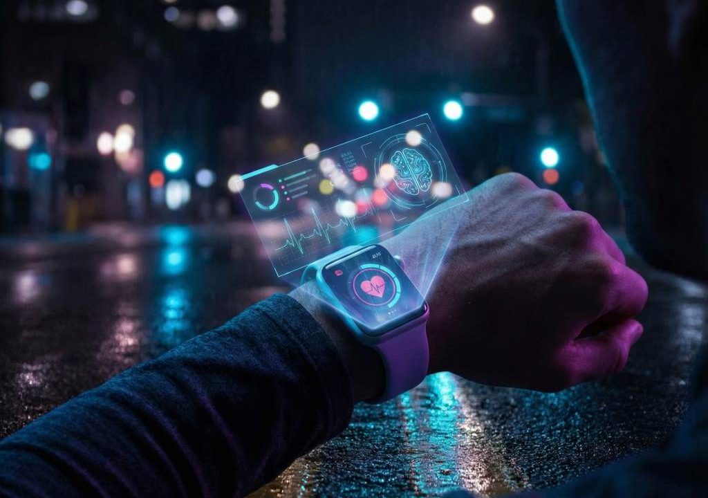 Futuristic wearable AI tech smart ring and watch tracking fitness metrics