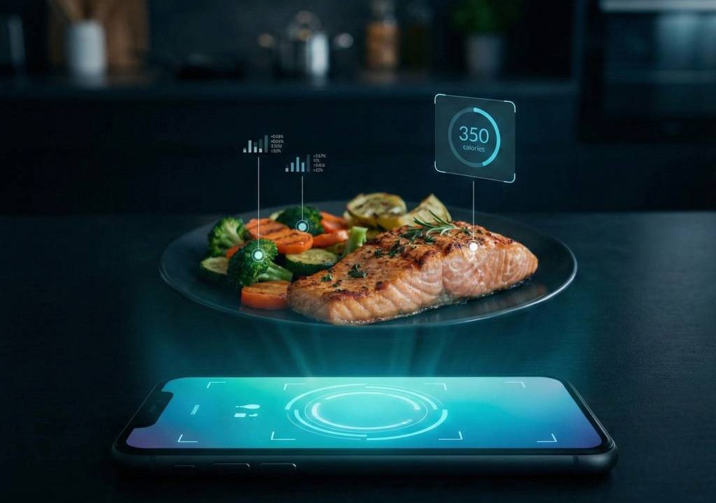 Smartphone scanning a plate of food with AI calorie recognition overlay