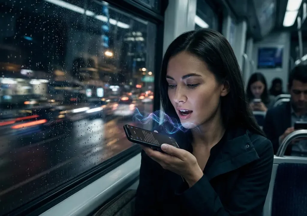 person using Voice-to-Text AI on commute for email drafting